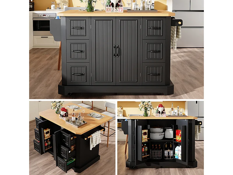 Îlot central mobile avec table pliante - 120 x 45/75 cm x 91 cm - avec 2 portes + 6 tiroirs - MDF - noir