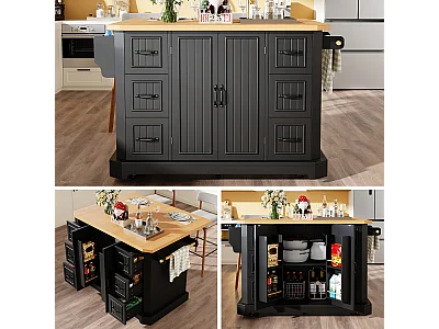 Verrijdbaar keukeneiland met inklapbaar tafelblad - 120 x 45/75 cm x 91 cm - met 2 deuren + 6 lades - MDF - zwart