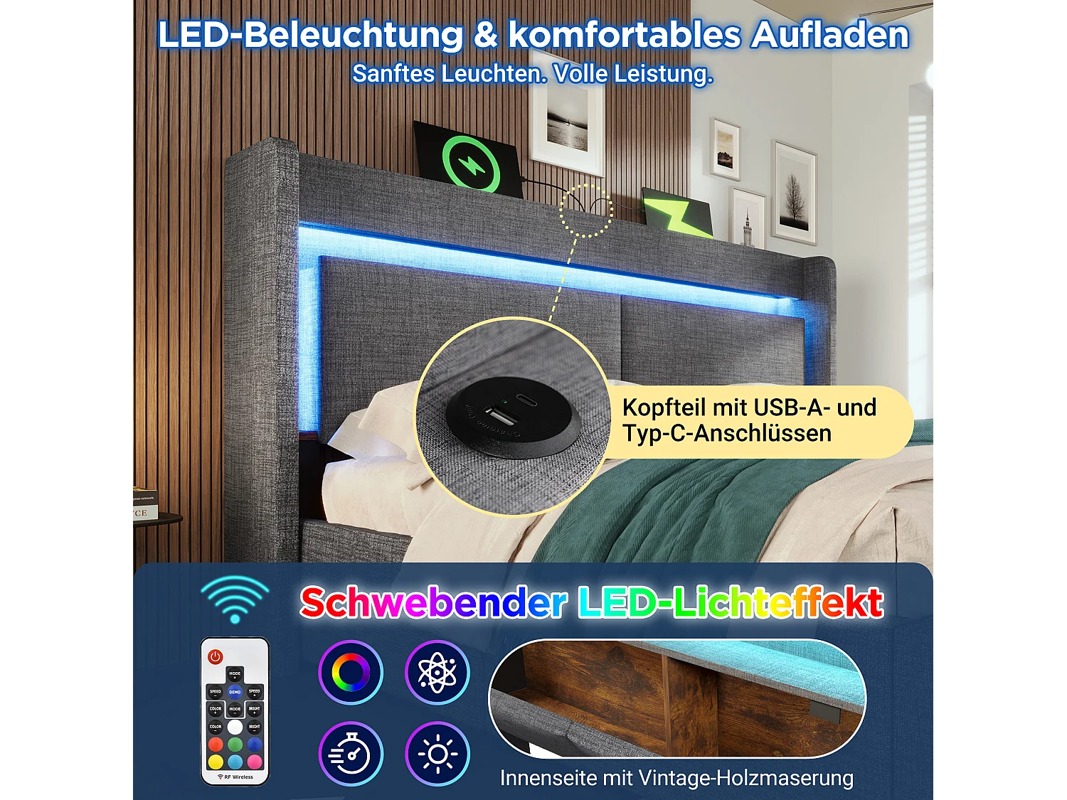 Łóżko tapicerowane hydrauliczne ze schowkiem - 160 x 200 cm - ze schowkiem na pościel w zagłówku + diody LED + USB + szuflada - pościel - szare (z materacem)