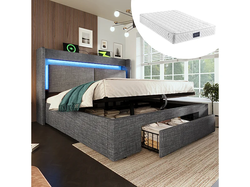 Lit coffre hydraulique capitonné - 160 x 200 cm - avec tête de lit de rangement + Leds + USB + tiroir - lin - gris（avec matelas)