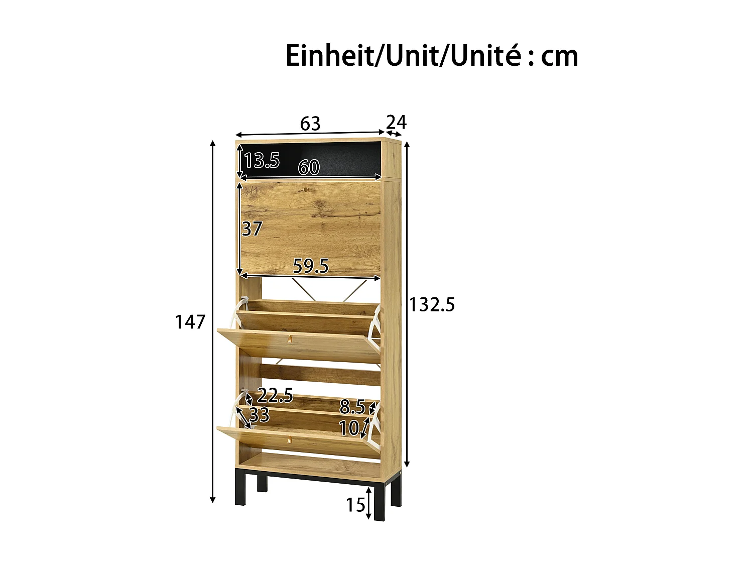 Meuble à chaussures moderne - 63 x 24 x 147 cm - avec 3 portes + compartiments supplémentaires - MDF - naturel