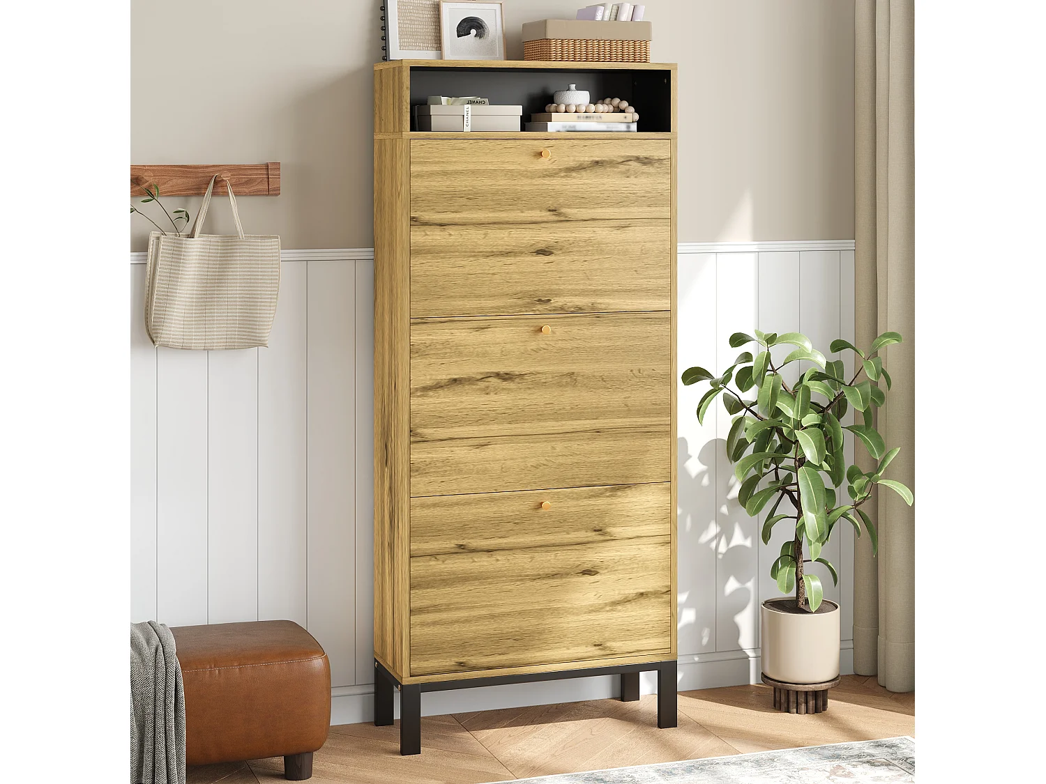 Meuble à chaussures moderne - 63 x 24 x 147 cm - avec 3 portes + compartiments supplémentaires - MDF - naturel