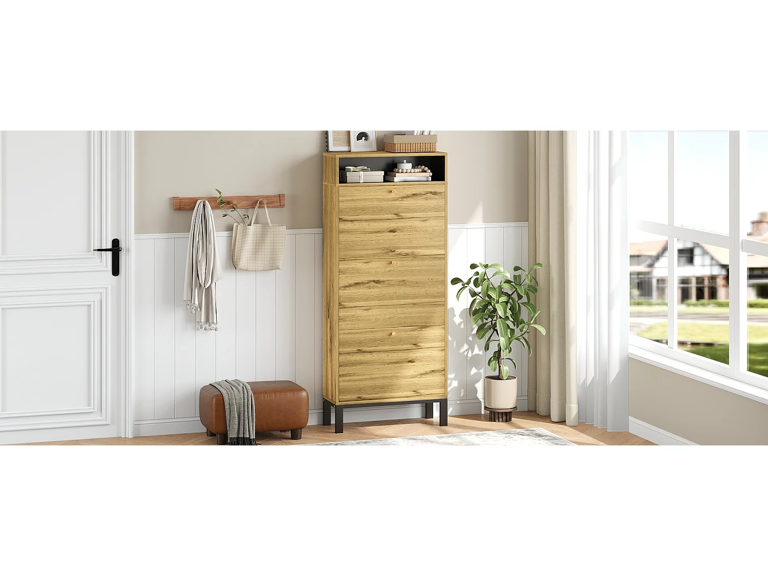 Meuble à chaussures moderne - 63 x 24 x 147 cm - avec 3 portes + compartiments supplémentaires - MDF - naturel