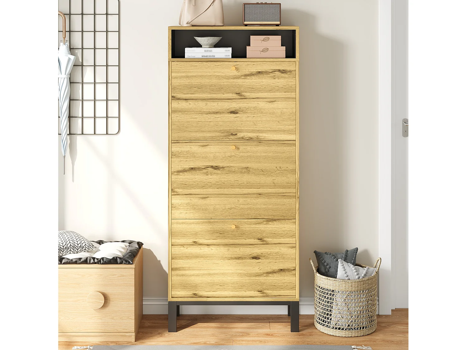 Meuble à chaussures moderne - 63 x 24 x 147 cm - avec 3 portes + compartiments supplémentaires - MDF - naturel