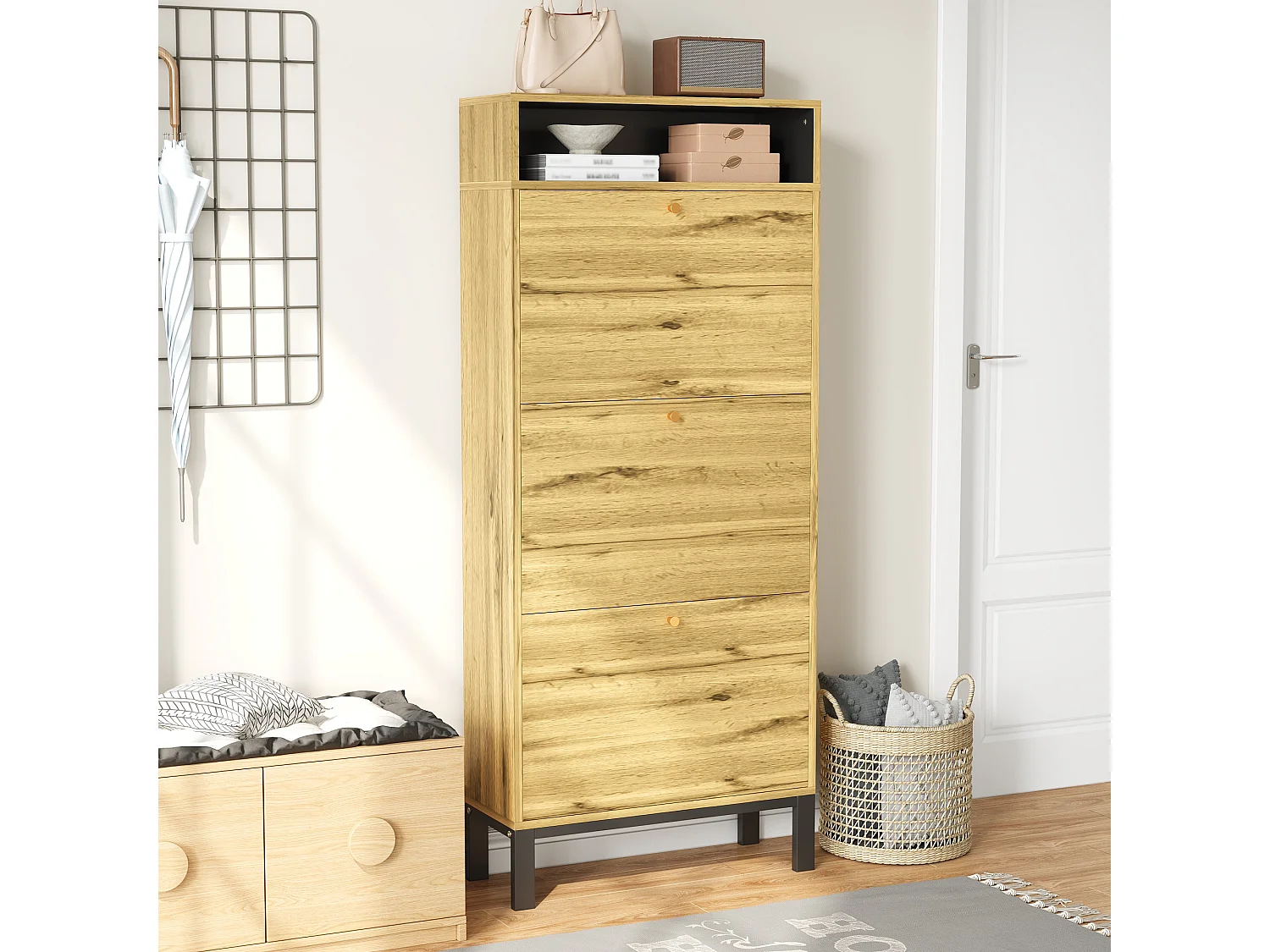 Meuble à chaussures moderne - 63 x 24 x 147 cm - avec 3 portes + compartiments supplémentaires - MDF - naturel