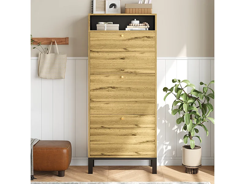 Meuble à chaussures moderne - 63 x 24 x 147 cm - avec 3 portes + compartiments supplémentaires - MDF - naturel