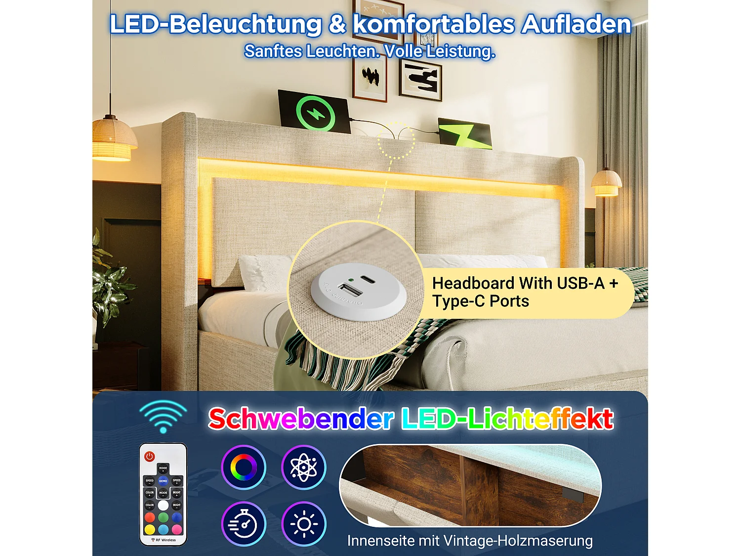 Gestoffeerd hydraulisch opbergbed - 180 x 200 cm - met opbergbaar hoofdeinde + LED's + USB + lade - linnen - beige