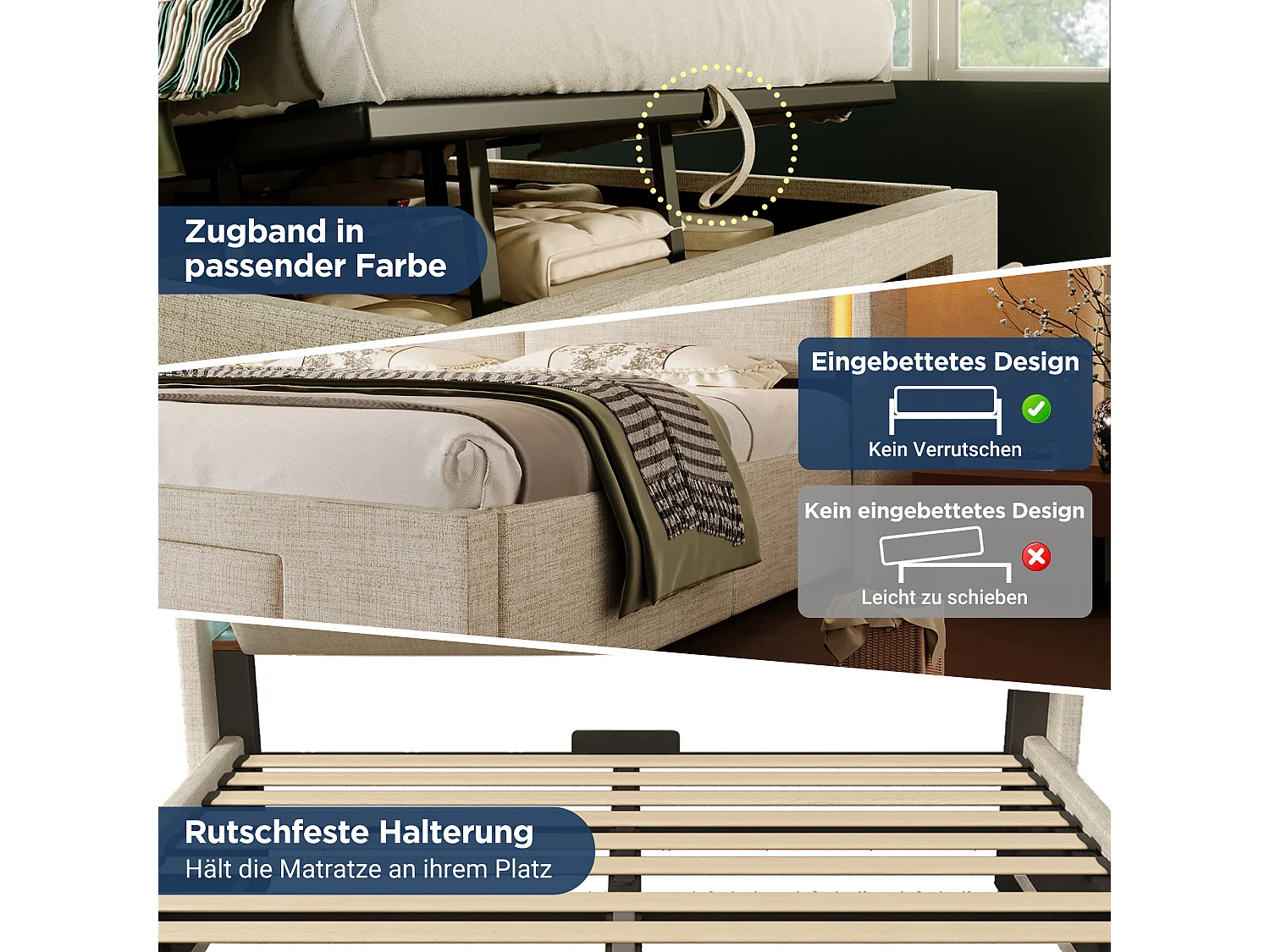 Gestoffeerd hydraulisch opbergbed - 180 x 200 cm - met opbergbaar hoofdeinde + LED's + USB + lade - linnen - beige