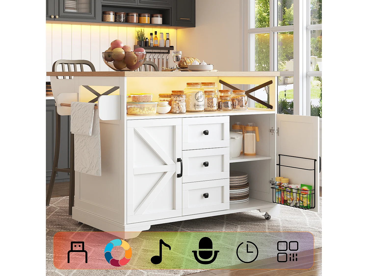 Îlot central sur roulettes avec table pliante - 120 x 43/71.5 cm x 98 cm - avec Leds + 2 portes + 3 tiroirs - MDF - blanc