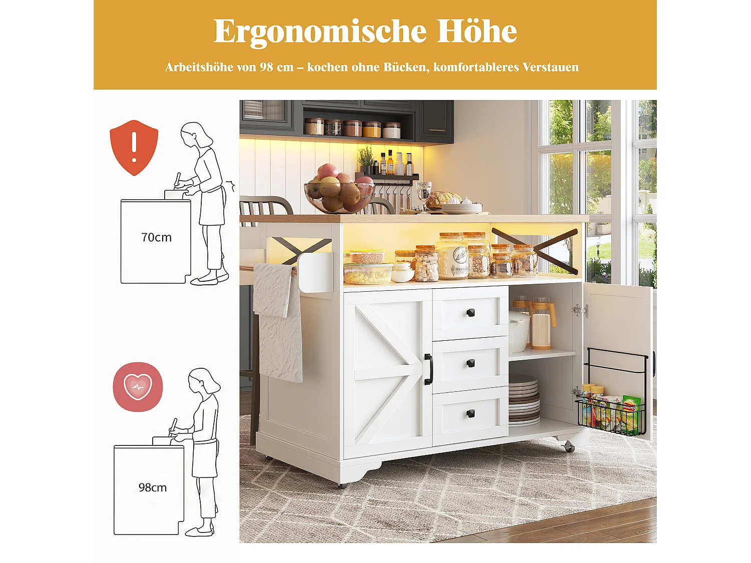 Îlot central sur roulettes avec table pliante - 120 x 43/71.5 cm x 98 cm - avec Leds + 2 portes + 3 tiroirs - MDF - blanc