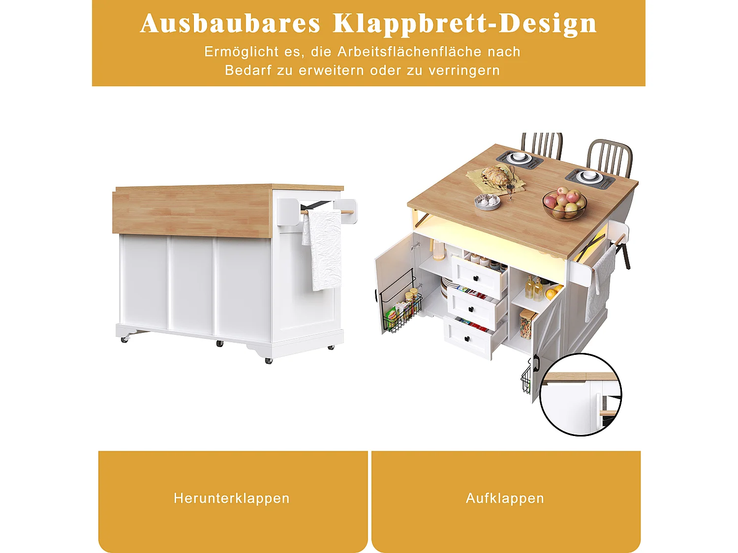Îlot central sur roulettes avec table pliante - 120 x 43/71.5 cm x 98 cm - avec Leds + 2 portes + 3 tiroirs - MDF - blanc