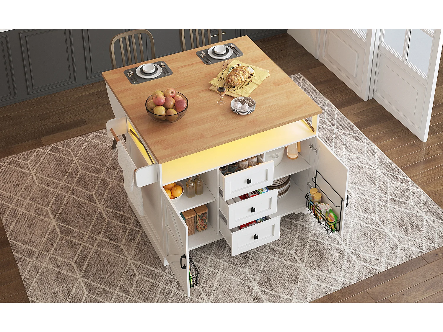 Îlot central sur roulettes avec table pliante - 120 x 43/71.5 cm x 98 cm - avec Leds + 2 portes + 3 tiroirs - MDF - blanc