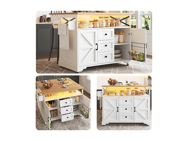 Îlot central sur roulettes avec table pliante - 120 x 43/71.5 cm x 98 cm - avec Leds + 2 portes + 3 tiroirs - MDF - blanc