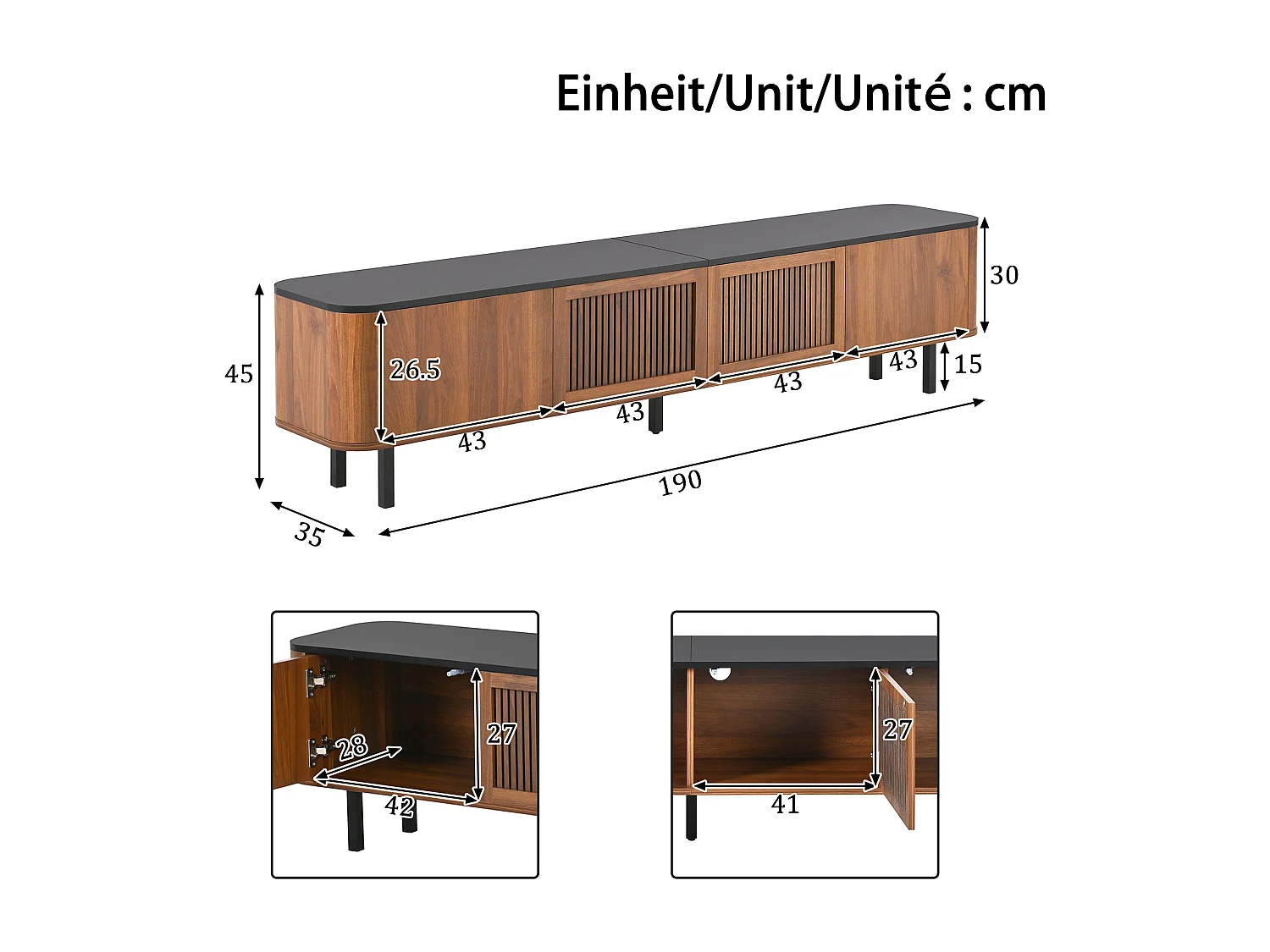 Moderner TV-Ständer – 190 x 35 x 45 cm – mit 4 Türen – Einzigartiges Design – MDF + Spanplatte – braun