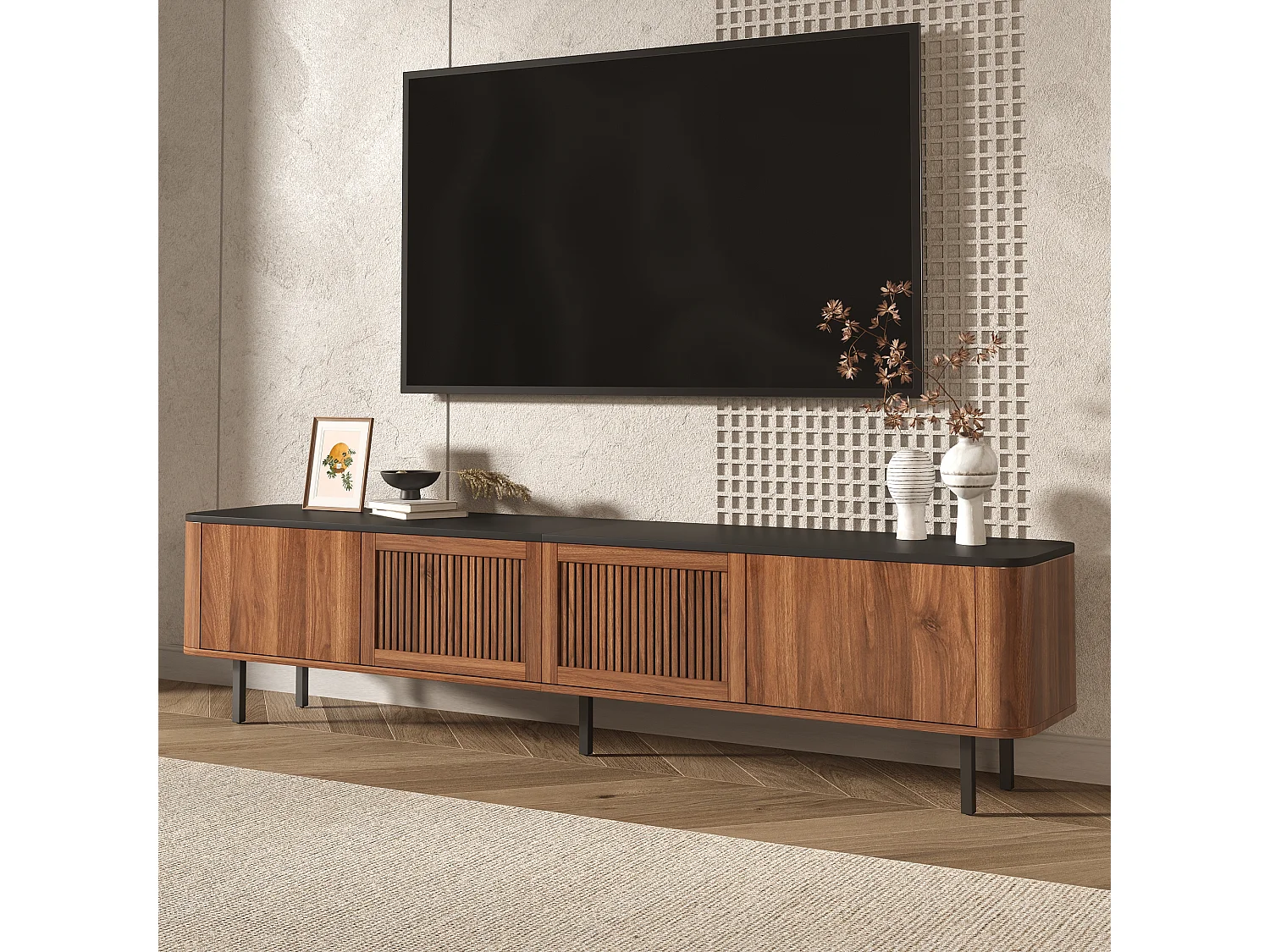 Moderner TV-Ständer – 190 x 35 x 45 cm – mit 4 Türen – Einzigartiges Design – MDF + Spanplatte – braun