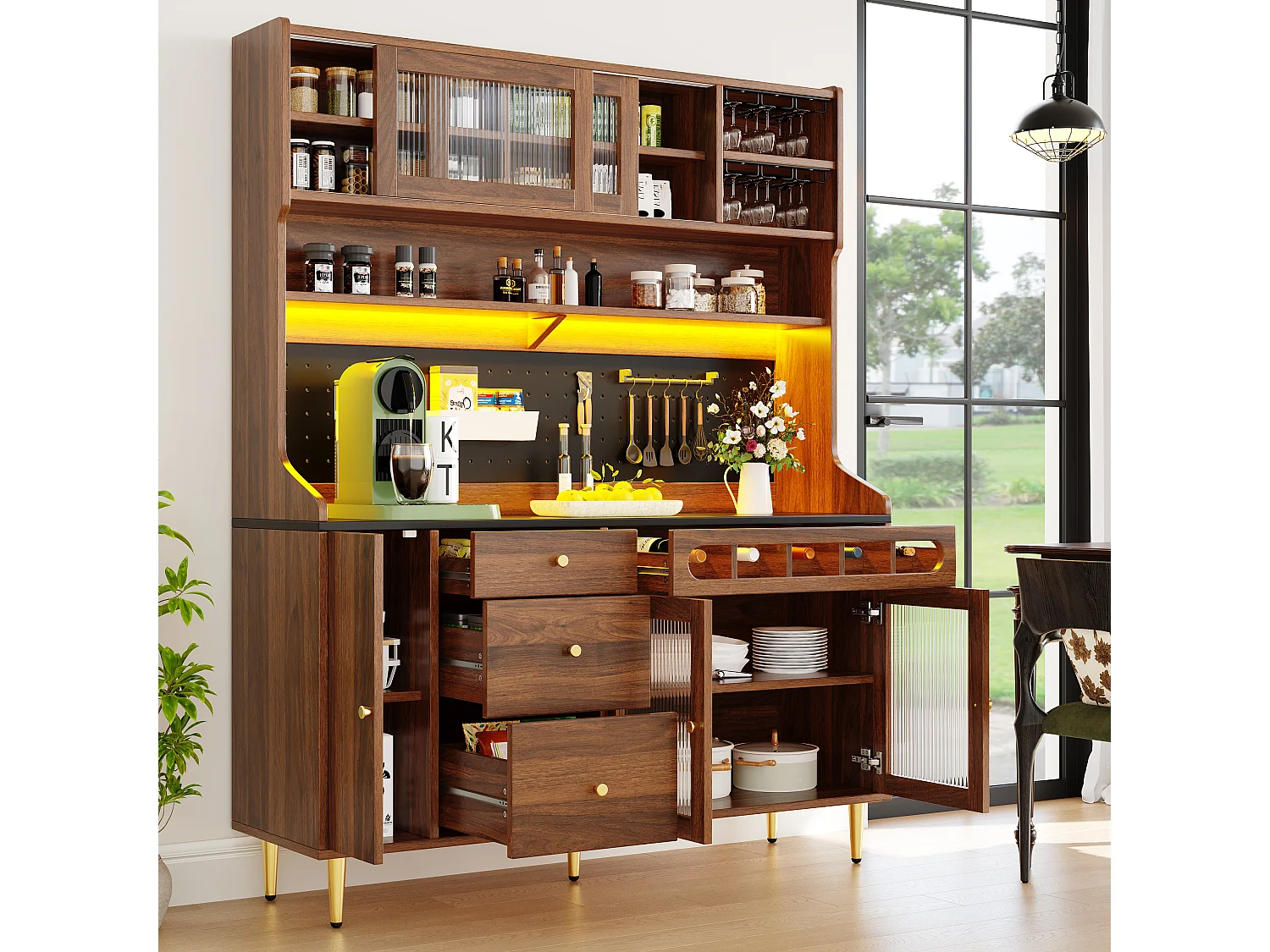 Hohes Küchen-Sideboard – 145 x 39 x 171 cm – mit LED-Beleuchtung, Weinregal, Glastüren und 3 Schubladen – Glas + MDF – Natur