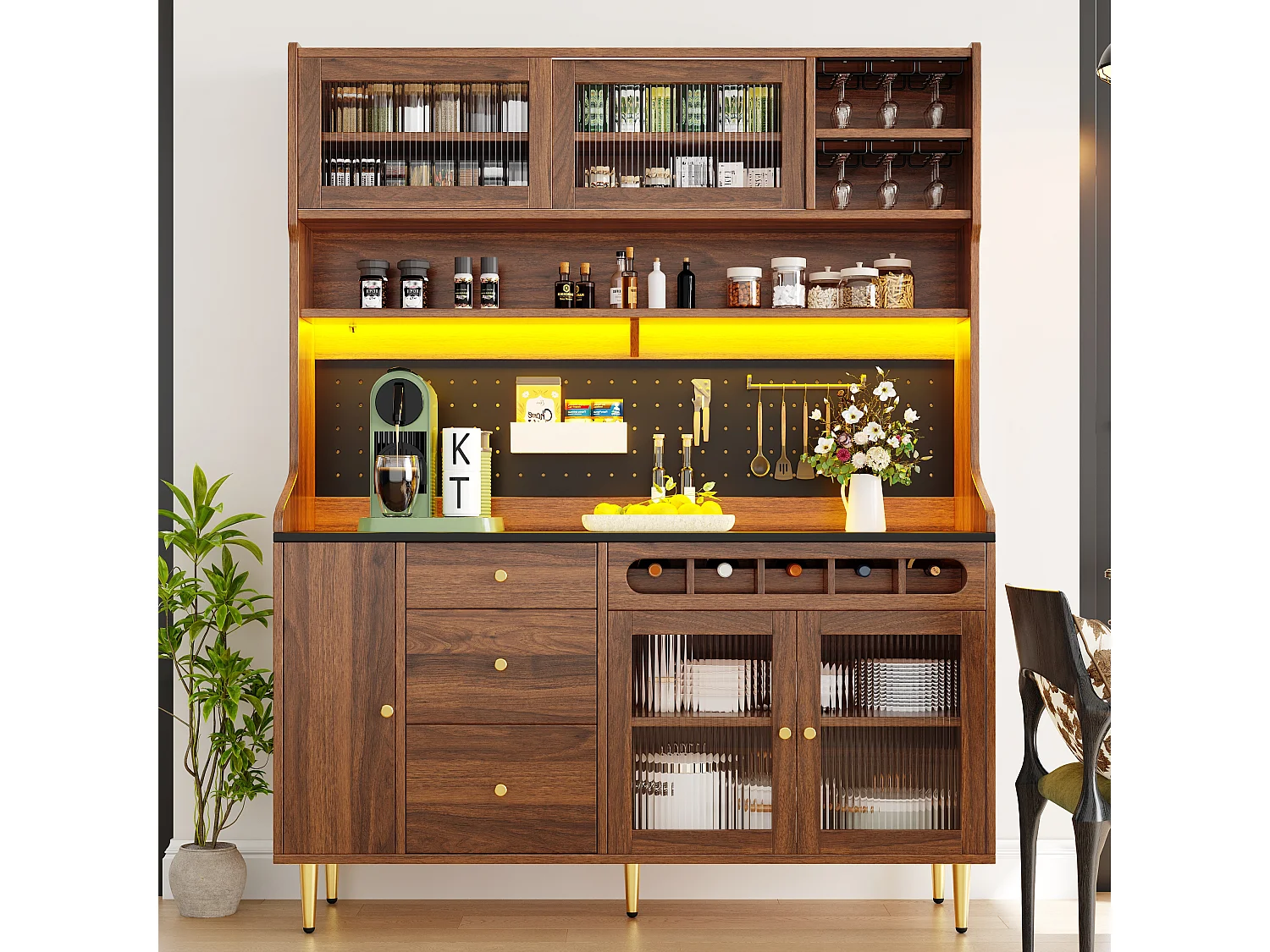 Hohes Küchen-Sideboard – 145 x 39 x 171 cm – mit LED-Beleuchtung, Weinregal, Glastüren und 3 Schubladen – Glas + MDF – Natur