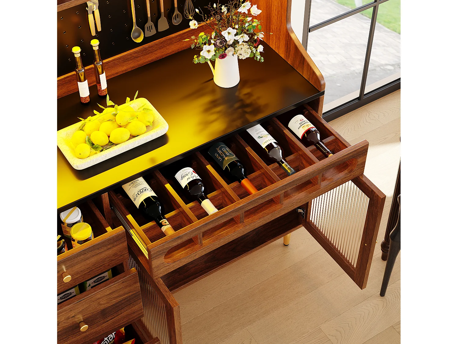 Hohes Küchen-Sideboard – 145 x 39 x 171 cm – mit LED-Beleuchtung, Weinregal, Glastüren und 3 Schubladen – Glas + MDF – Natur