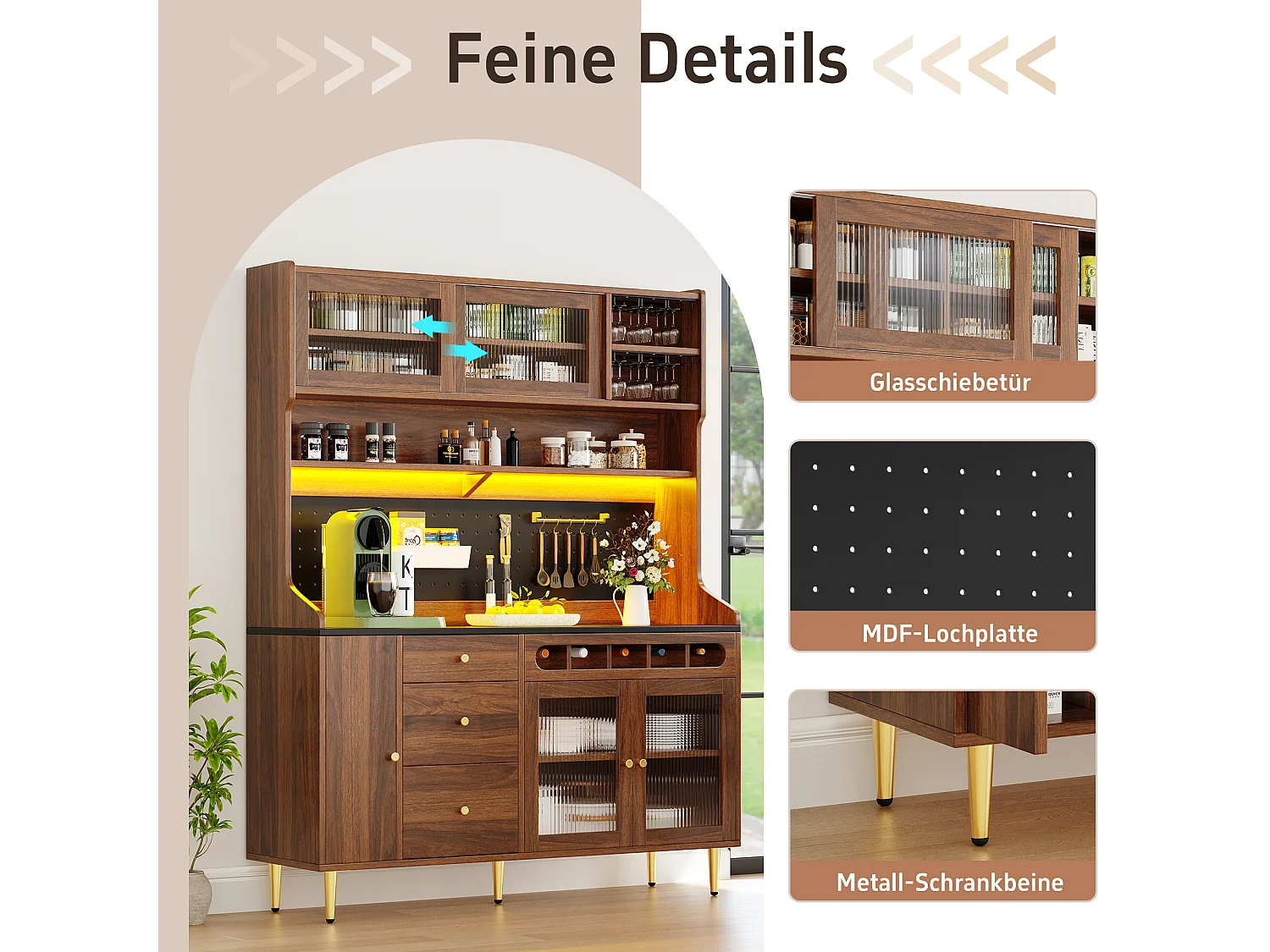 Hohes Küchen-Sideboard – 145 x 39 x 171 cm – mit LED-Beleuchtung, Weinregal, Glastüren und 3 Schubladen – Glas + MDF – Natur