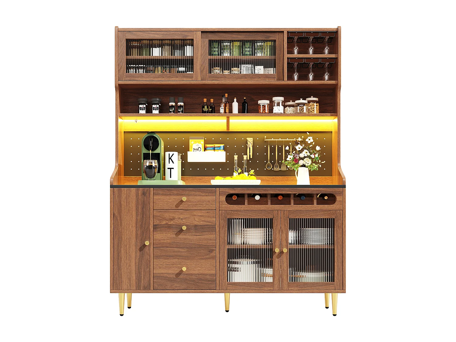 Hohes Küchen-Sideboard – 145 x 39 x 171 cm – mit LED-Beleuchtung, Weinregal, Glastüren und 3 Schubladen – Glas + MDF – Natur