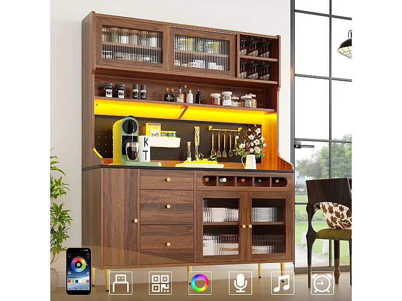 Hohes Küchen-Sideboard – 145 x 39 x 171 cm – mit LED-Beleuchtung, Weinregal, Glastüren und 3 Schubladen – Glas + MDF – Natur