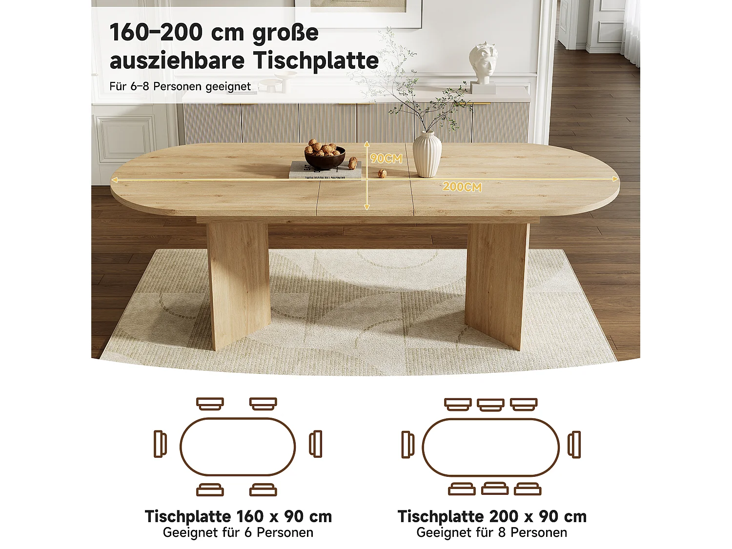 Table à manger extensible - 160/200 x 90 x 75 cm - pour 4 à 6 personnes - style simple - MDF - naturel