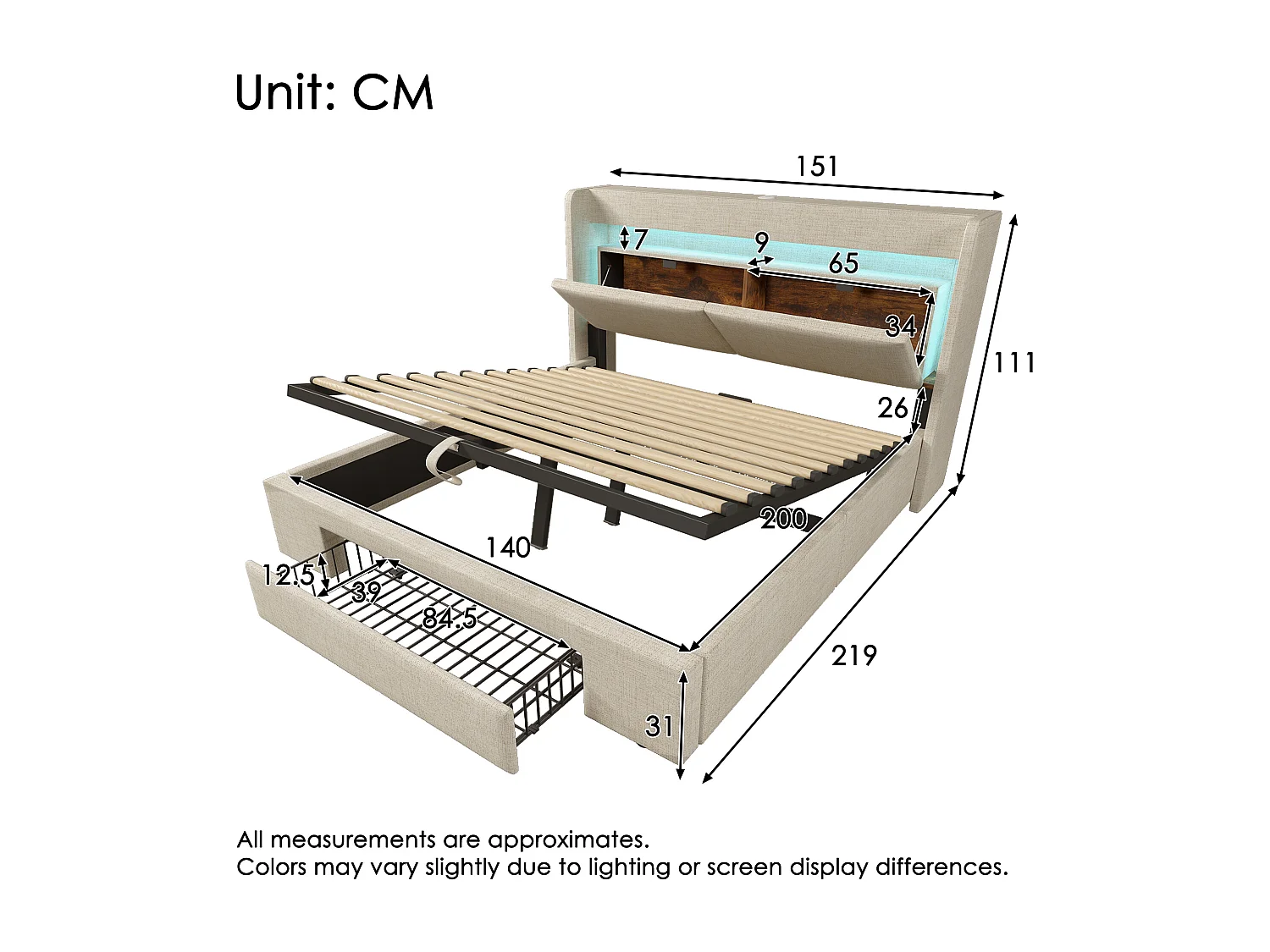 Gestoffeerd hydraulisch opbergbed - 140 x 200 cm - met opbergbaar hoofdeinde + LED's + USB + lade - linnen - beige (inclusief matras)