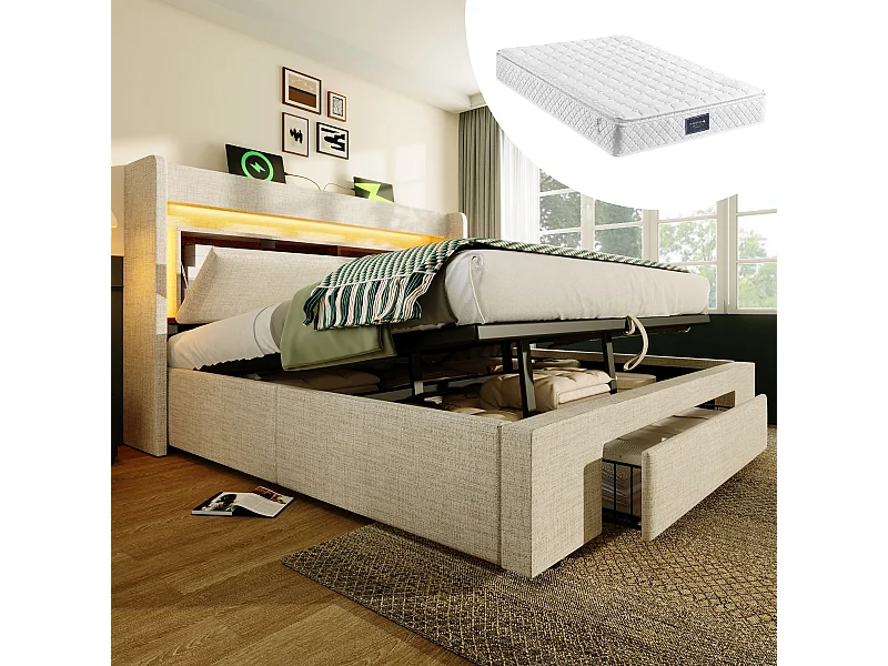 Gepolstertes hydraulisches Stauraumbett - 140 x 200 cm - mit Stauraum im Kopfteil + LEDs + USB + Schublade - Leinen - beige (mit Matratze)