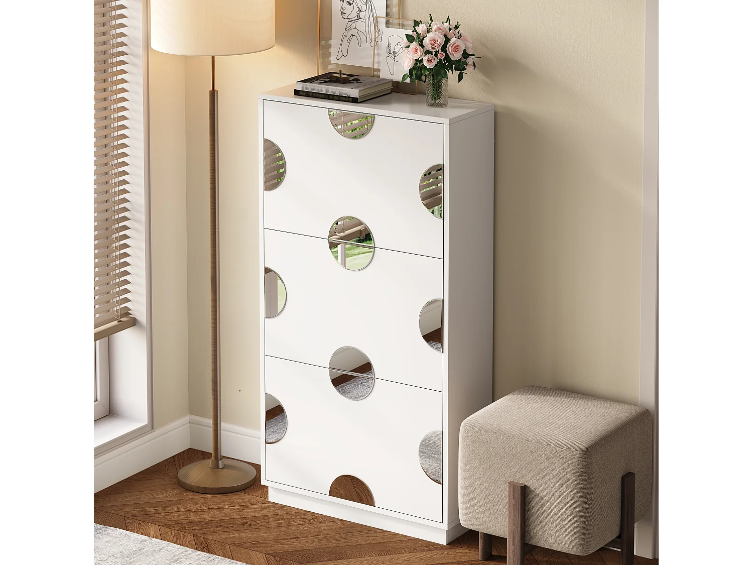 Meuble à chaussures moderne et unique - 63 x 24 x 120 cm - avec 3 portes + miroir rond - MDF - blanc