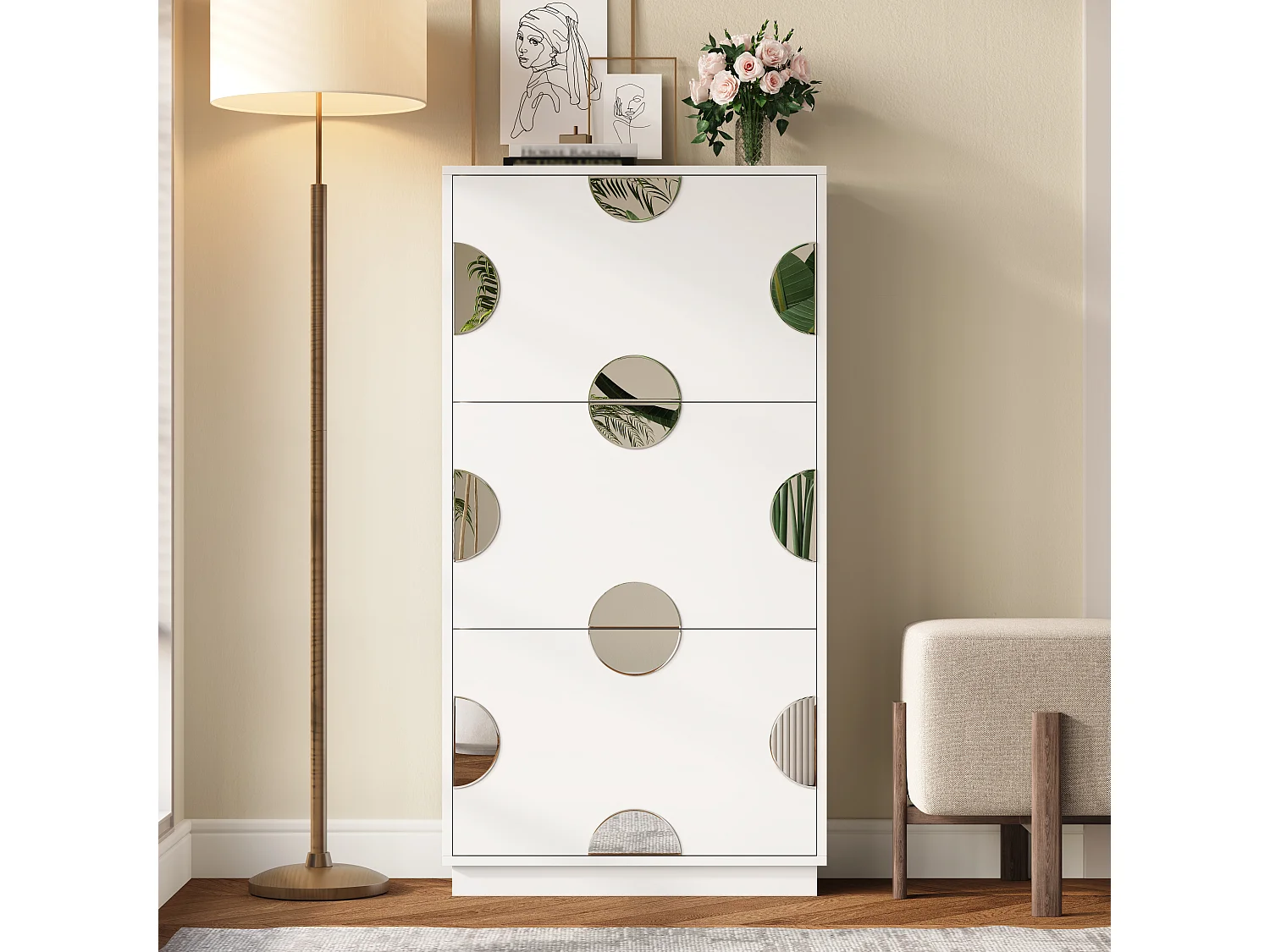 Meuble à chaussures moderne et unique - 63 x 24 x 120 cm - avec 3 portes + miroir rond - MDF - blanc