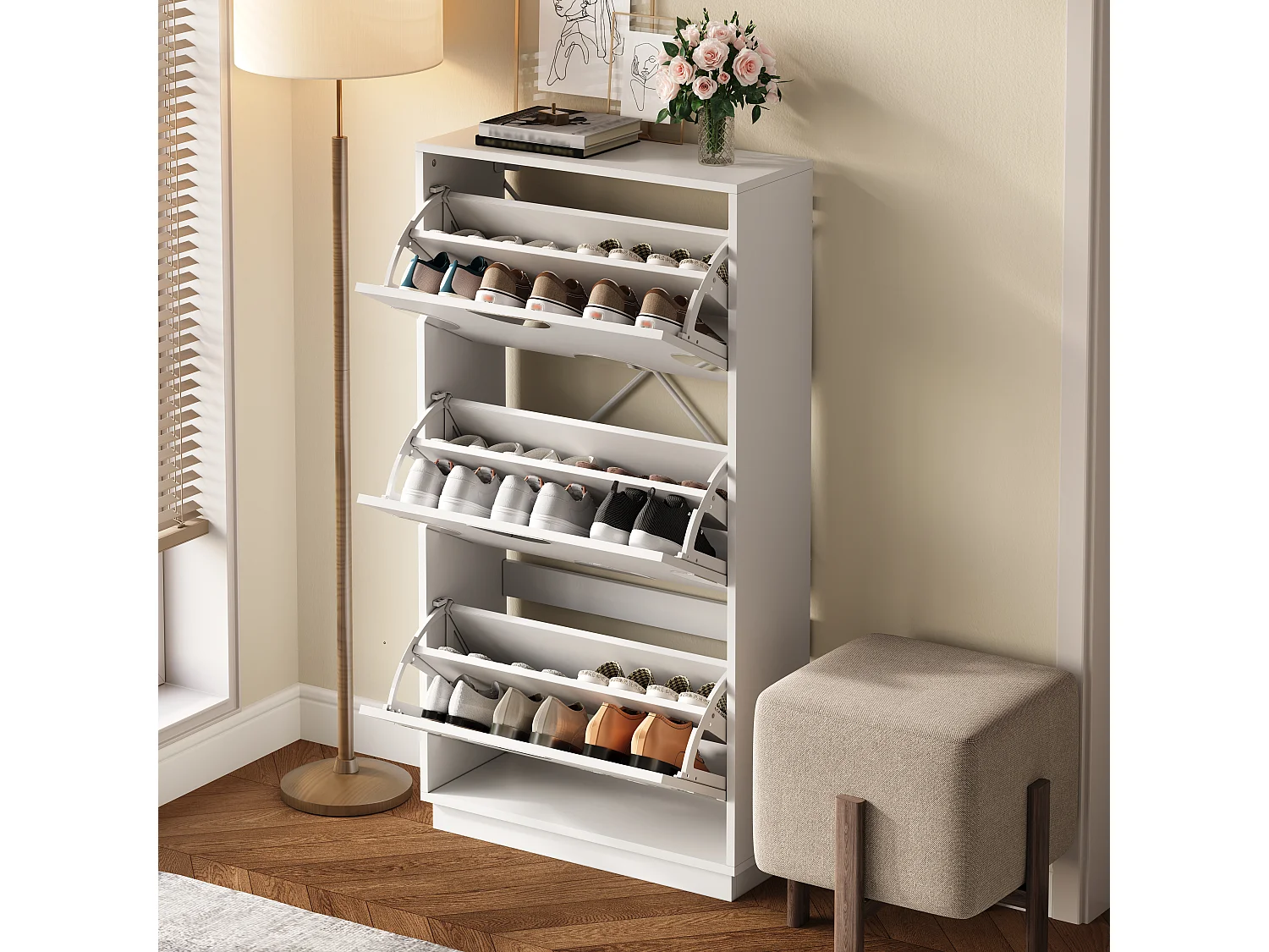 Meuble à chaussures moderne et unique - 63 x 24 x 120 cm - avec 3 portes + miroir rond - MDF - blanc