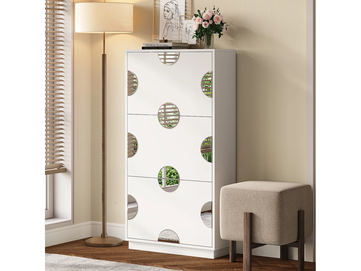 Meuble à chaussures moderne et unique - 63 x 24 x 120 cm - avec 3 portes + miroir rond - MDF - blanc