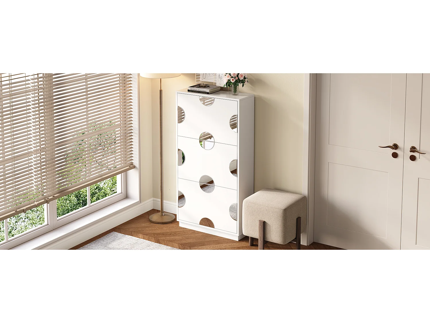 Meuble à chaussures moderne et unique - 63 x 24 x 120 cm - avec 3 portes + miroir rond - MDF - blanc