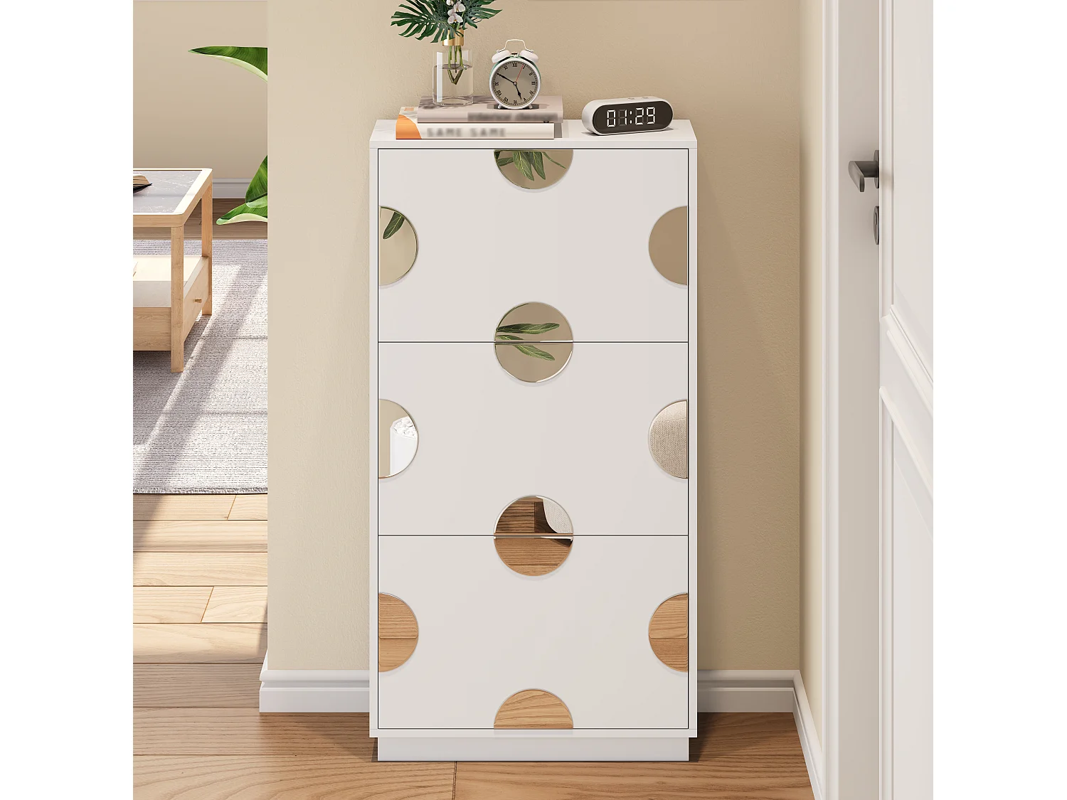 Meuble à chaussures moderne et unique - 63 x 24 x 120 cm - avec 3 portes + miroir rond - MDF - blanc