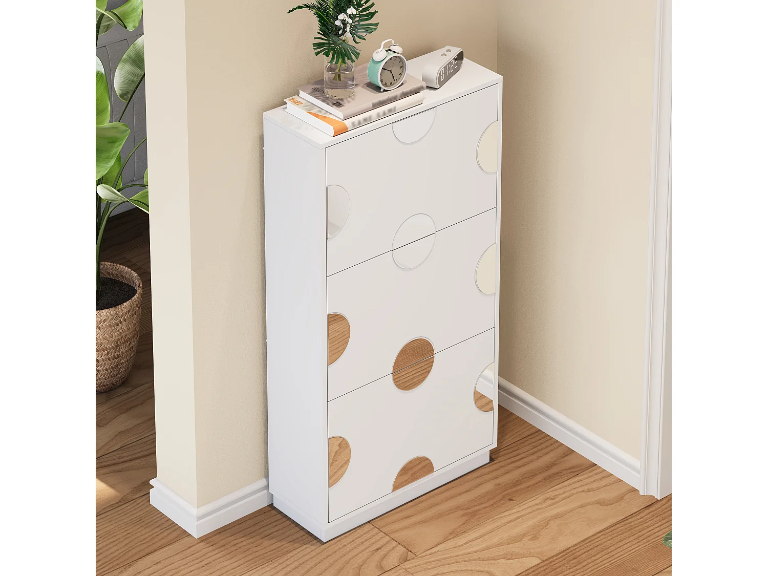 Meuble à chaussures moderne et unique - 63 x 24 x 120 cm - avec 3 portes + miroir rond - MDF - blanc