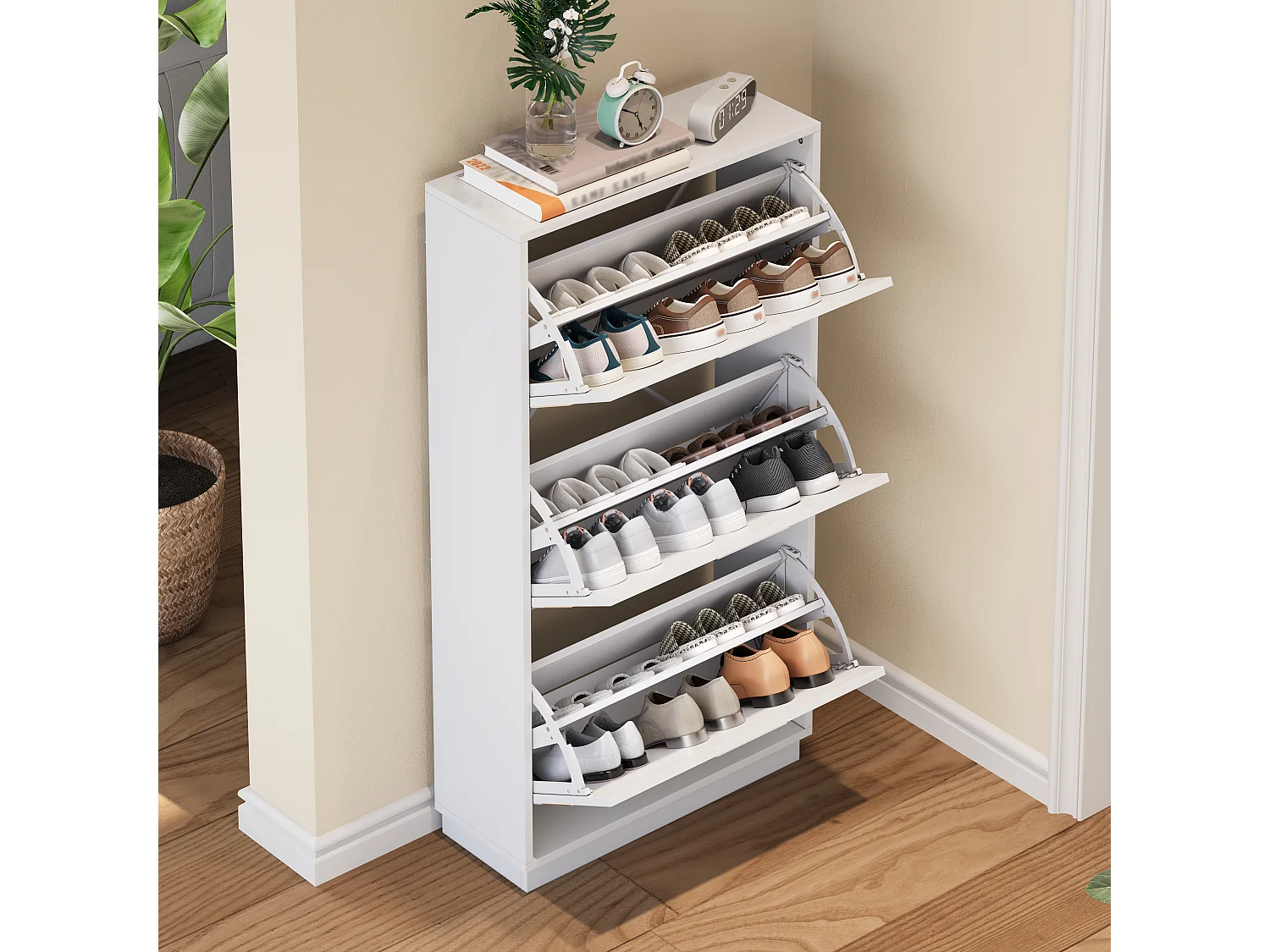 Meuble à chaussures moderne et unique - 63 x 24 x 120 cm - avec 3 portes + miroir rond - MDF - blanc