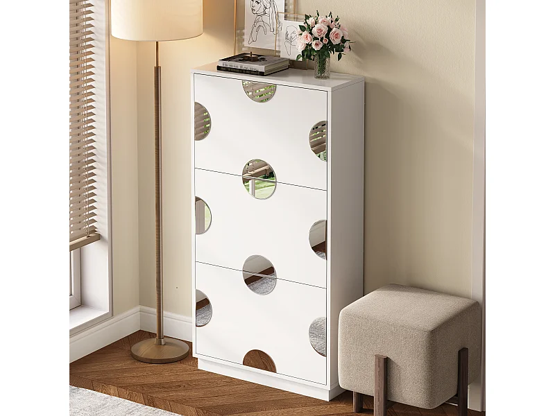 Meuble à chaussures moderne et unique - 63 x 24 x 120 cm - avec 3 portes + miroir rond - MDF - blanc