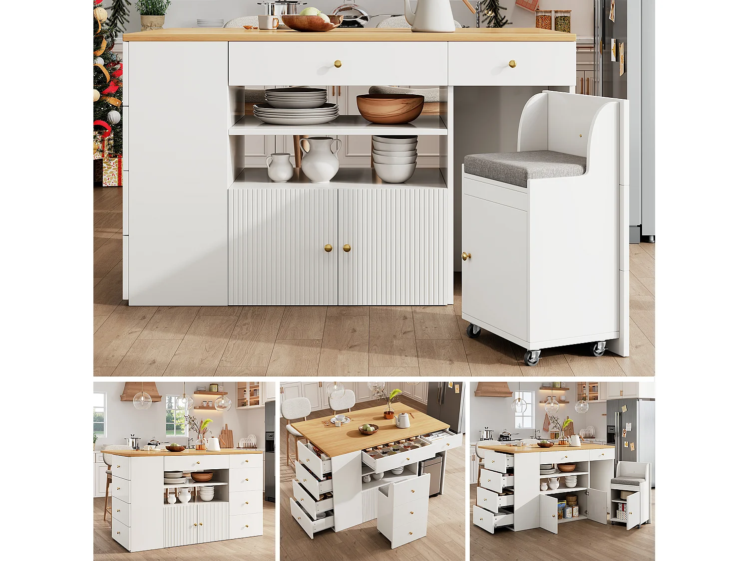 Îlot de cuisine avec table pliante - 140 x 40/70 x 89 cm - avec tabourets + 6 tiroirs + porte - MDF + métal - blanc