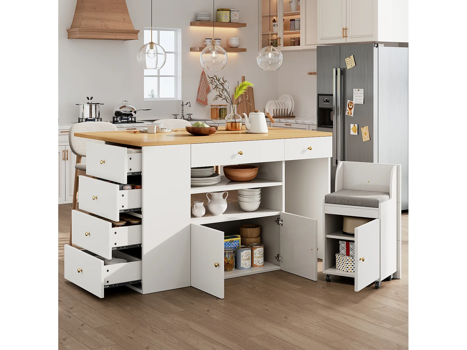 Îlot de cuisine avec table pliante - 140 x 40/70 x 89 cm - avec tabourets + 6 tiroirs + porte - MDF + métal - blanc