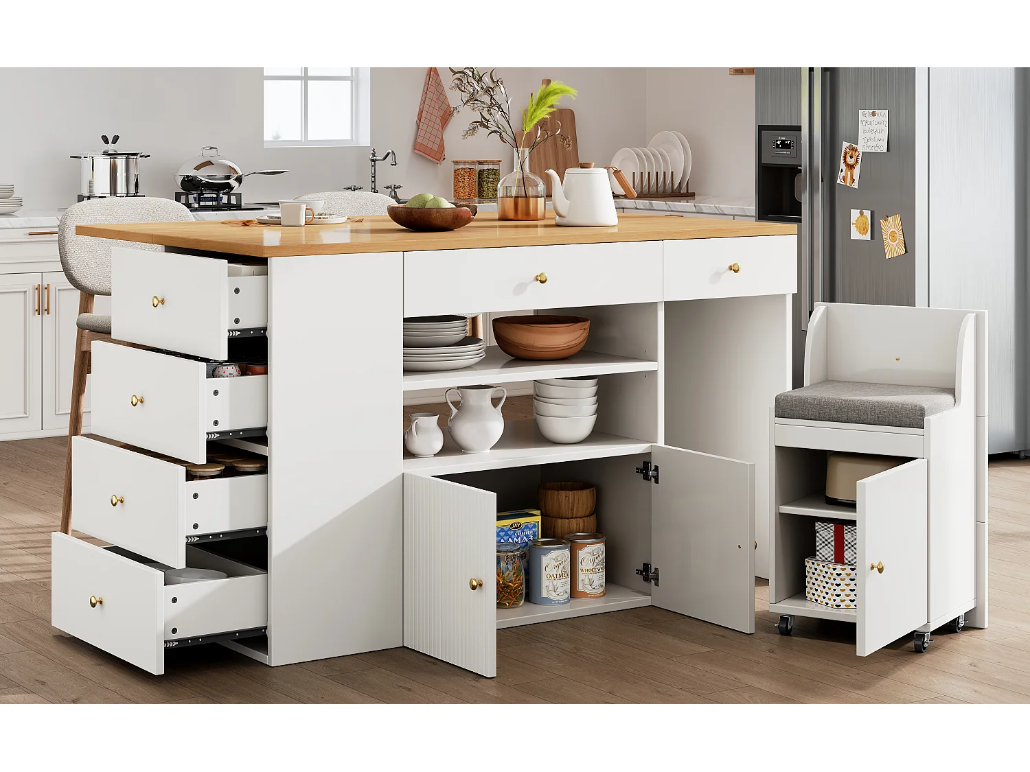 Îlot de cuisine avec table pliante - 140 x 40/70 x 89 cm - avec tabourets + 6 tiroirs + porte - MDF + métal - blanc