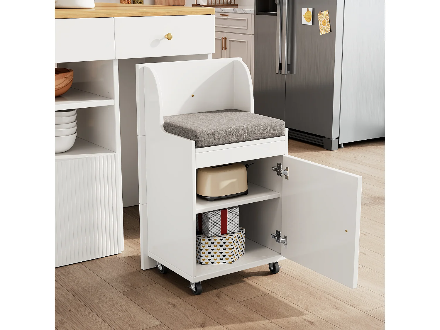 Îlot de cuisine avec table pliante - 140 x 40/70 x 89 cm - avec tabourets + 6 tiroirs + porte - MDF + métal - blanc