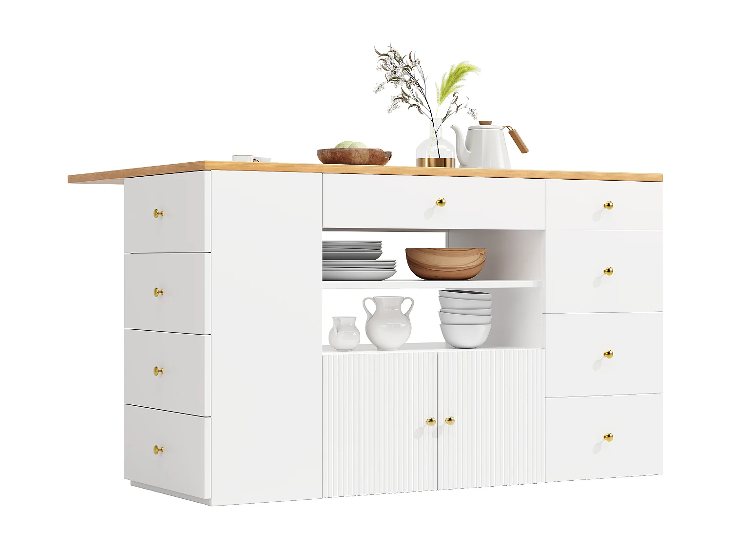 Îlot de cuisine avec table pliante - 140 x 40/70 x 89 cm - avec tabourets + 6 tiroirs + porte - MDF + métal - blanc