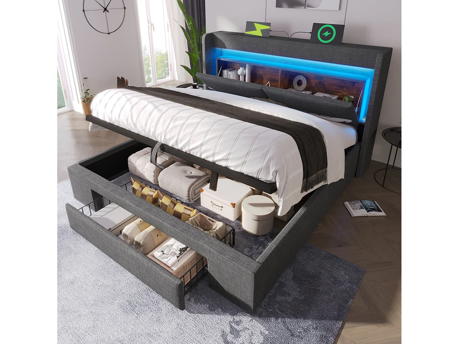 Łóżko tapicerowane hydrauliczne ze schowkiem - 160 x 200 cm - ze schowkiem na pościel w zagłówku + diody LED + USB + szuflada - len - szary