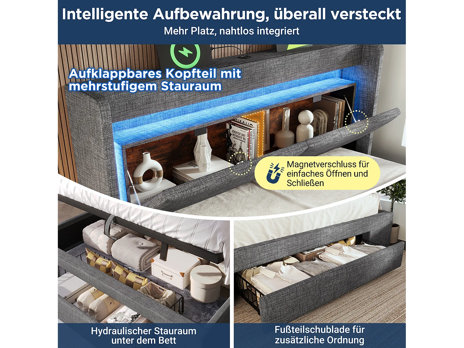 Łóżko tapicerowane hydrauliczne ze schowkiem - 160 x 200 cm - ze schowkiem na pościel w zagłówku + diody LED + USB + szuflada - len - szary