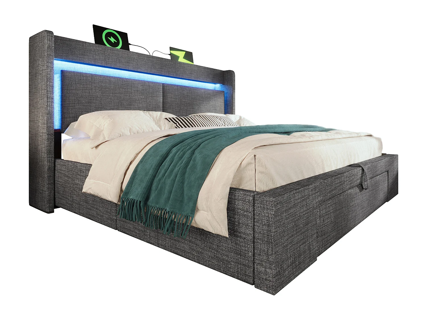Łóżko tapicerowane hydrauliczne ze schowkiem - 160 x 200 cm - ze schowkiem na pościel w zagłówku + diody LED + USB + szuflada - len - szary