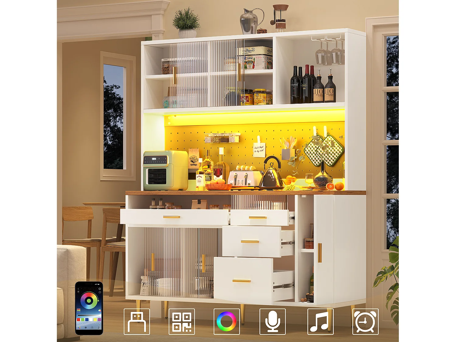 Modernes Küchen-Sideboard – 145 x 24 x 171 cm – mit LED-Beleuchtung, Regalböden, Türen und 4 Schubladen – Glas und MDF – weiß