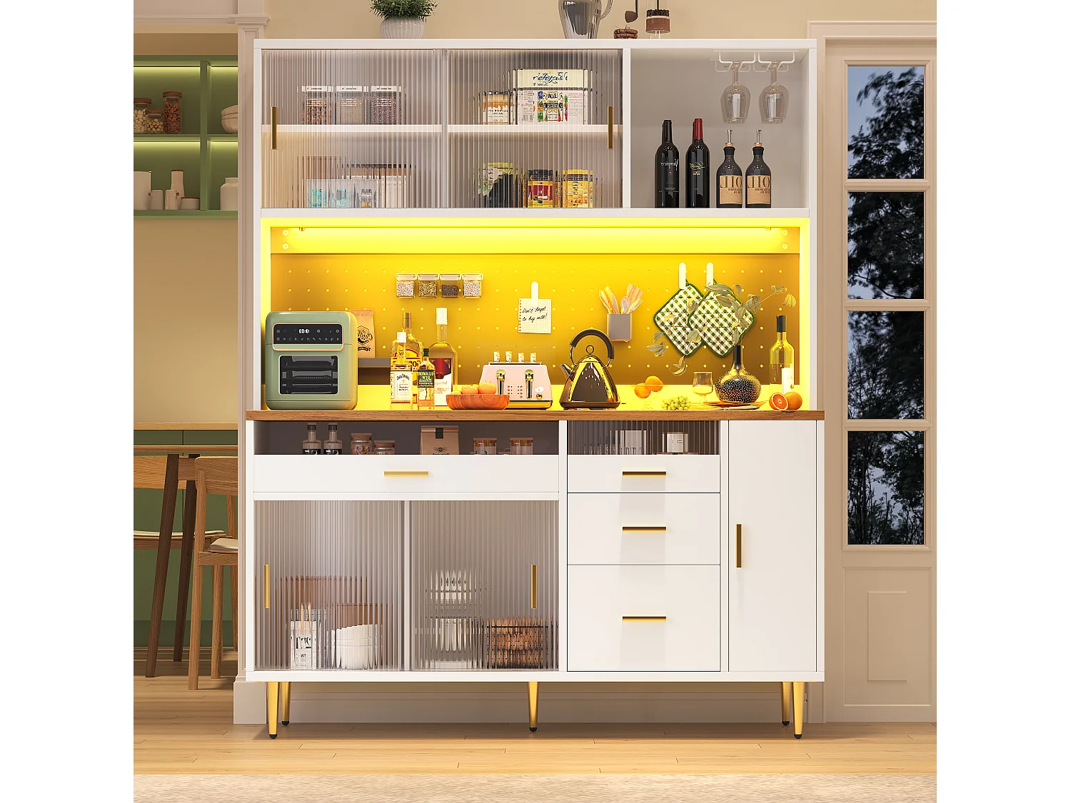Modernes Küchen-Sideboard – 145 x 24 x 171 cm – mit LED-Beleuchtung, Regalböden, Türen und 4 Schubladen – Glas und MDF – weiß
