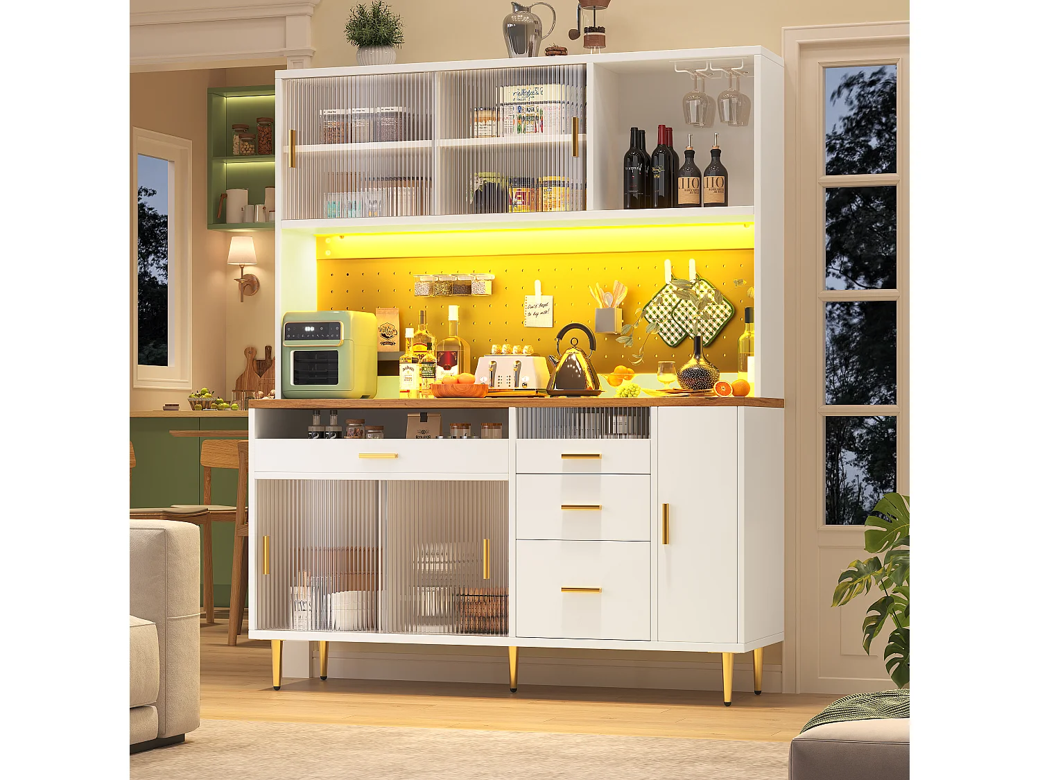 Modernes Küchen-Sideboard – 145 x 24 x 171 cm – mit LED-Beleuchtung, Regalböden, Türen und 4 Schubladen – Glas und MDF – weiß