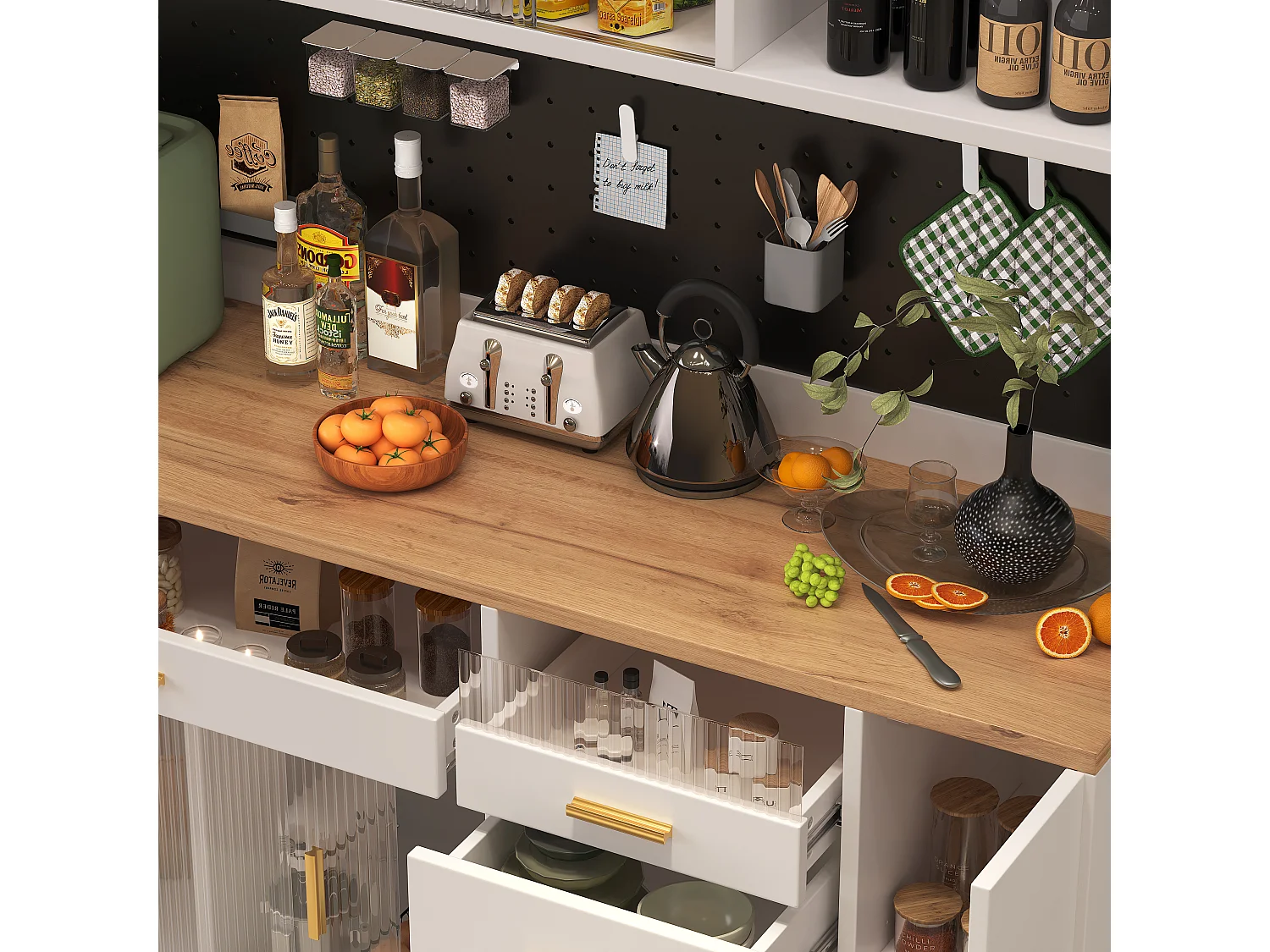 Modernes Küchen-Sideboard – 145 x 24 x 171 cm – mit LED-Beleuchtung, Regalböden, Türen und 4 Schubladen – Glas und MDF – weiß