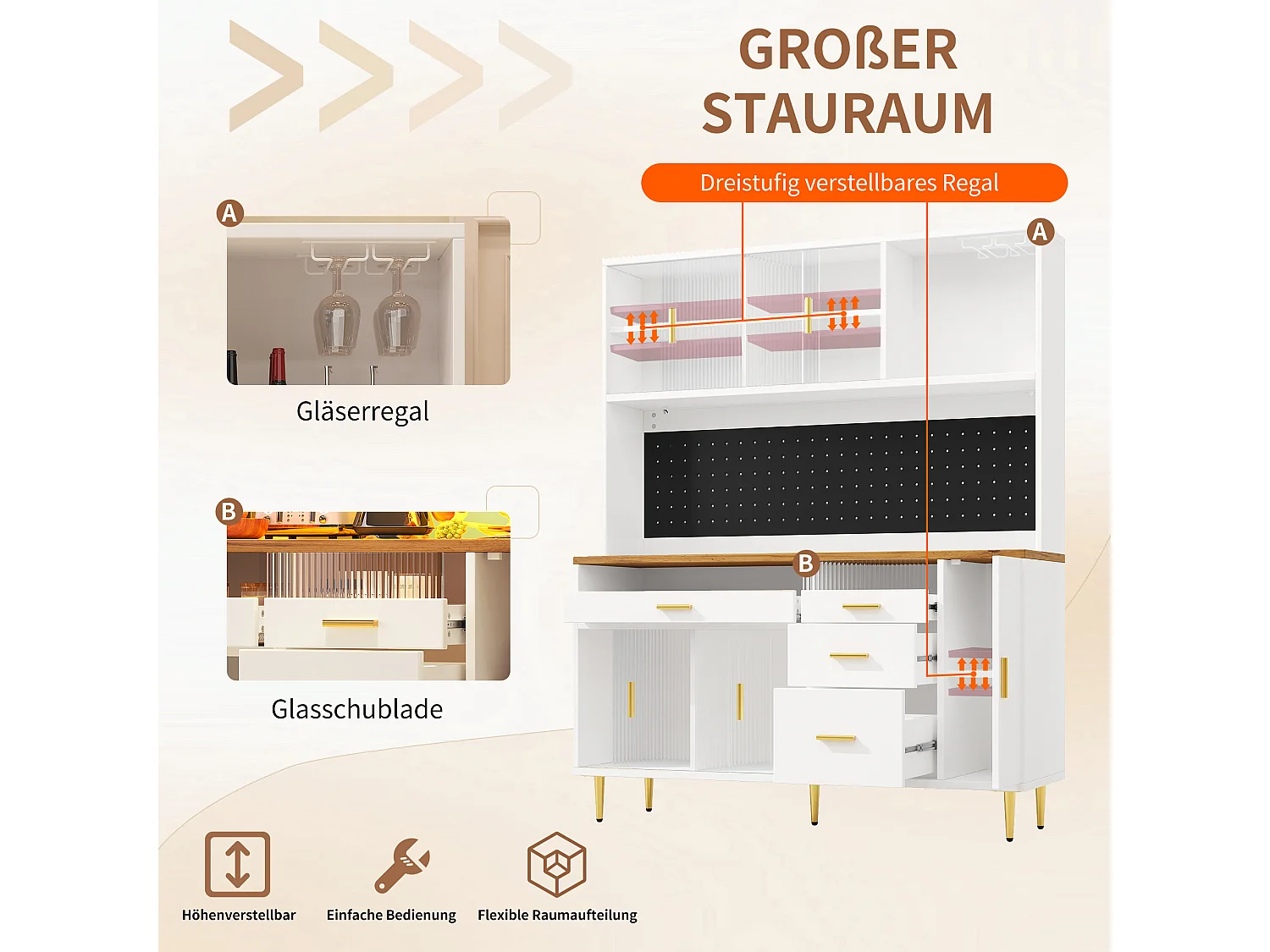 Modernes Küchen-Sideboard – 145 x 24 x 171 cm – mit LED-Beleuchtung, Regalböden, Türen und 4 Schubladen – Glas und MDF – weiß
